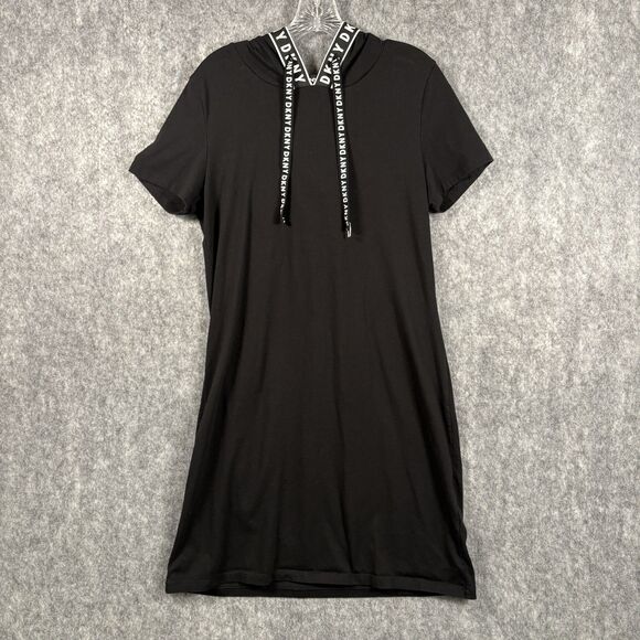 DKNY Athleisure Black Hooded Logo A Line Dress Sz Med Stretch Knit Short Sleeve - Picture 1 of 11